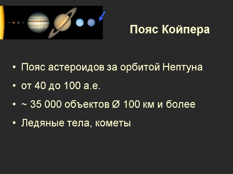 Пояс Койпера Пояс астероидов за орбитой Нептуна от 40 до 100 а.е. ~ 35